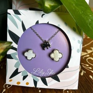 Silver Elephant Pendant Necklace + Shell Earring Set